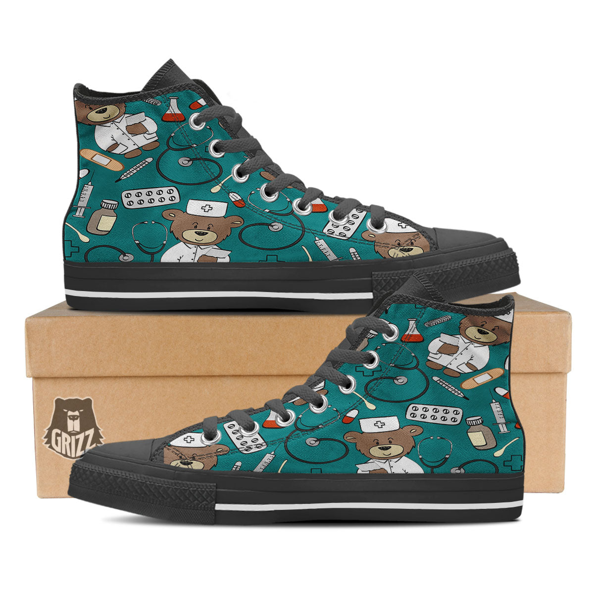 Teal Teddy Bear Nurse Black High Top Shoes-grizzshop