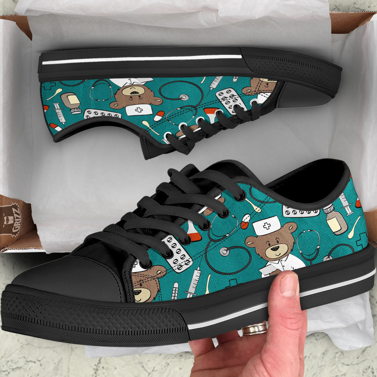 Teal Teddy Bear Nurse Black Low Top Shoes-grizzshop