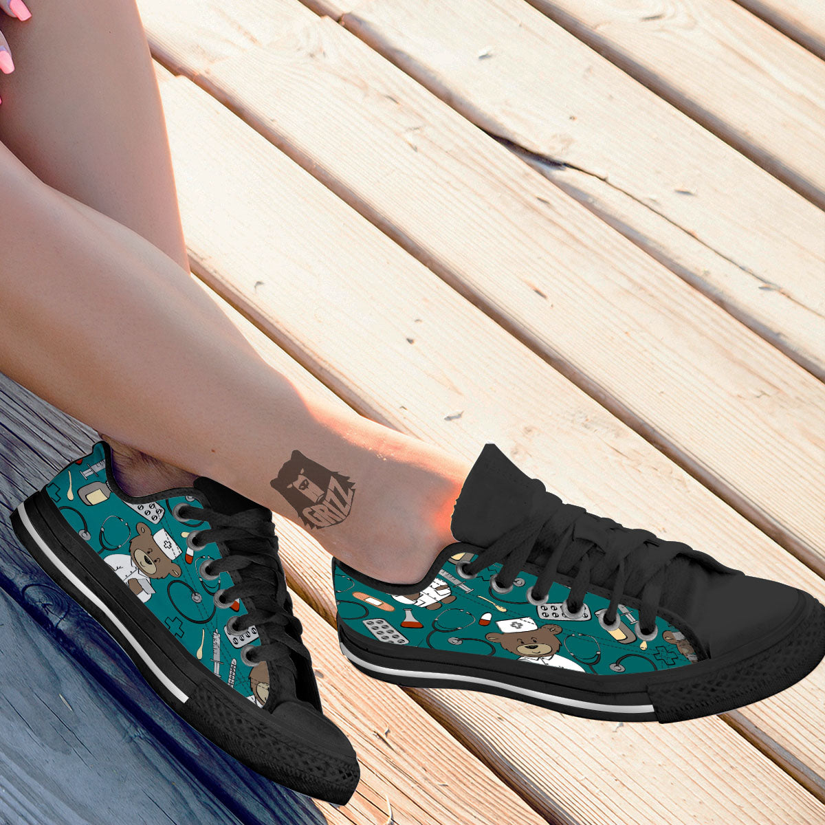 Teal Teddy Bear Nurse Black Low Top Shoes-grizzshop