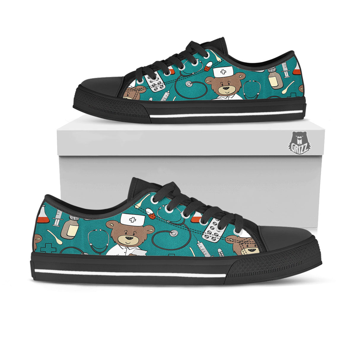 Teal Teddy Bear Nurse Black Low Top Shoes-grizzshop