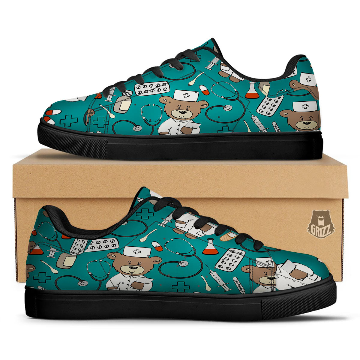 Teal Teddy Bear Nurse Black Low Top Sneakers-grizzshop