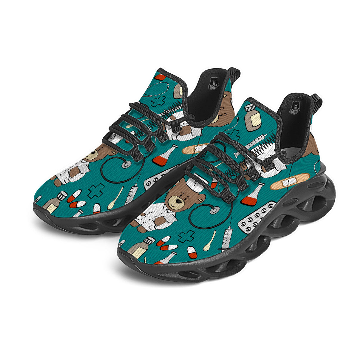 Teal Teddy Bear Nurse Black Running Shoes-grizzshop