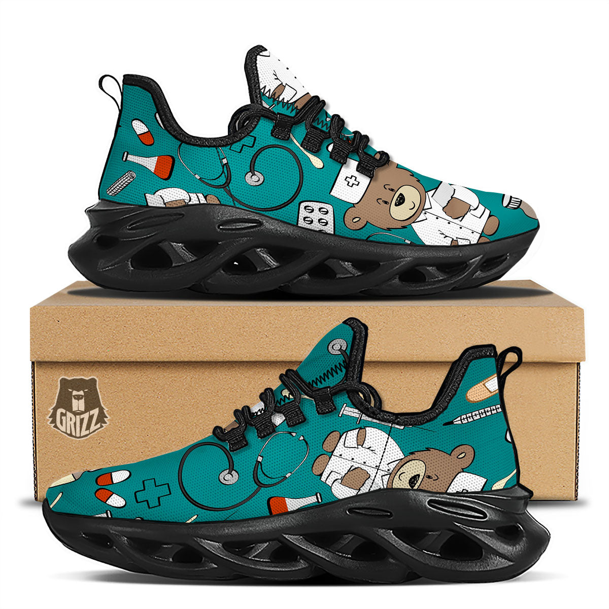 Teal Teddy Bear Nurse Black Running Shoes-grizzshop