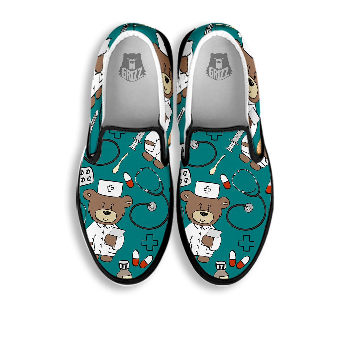 Teal Teddy Bear Nurse Black Slip On Shoes-grizzshop