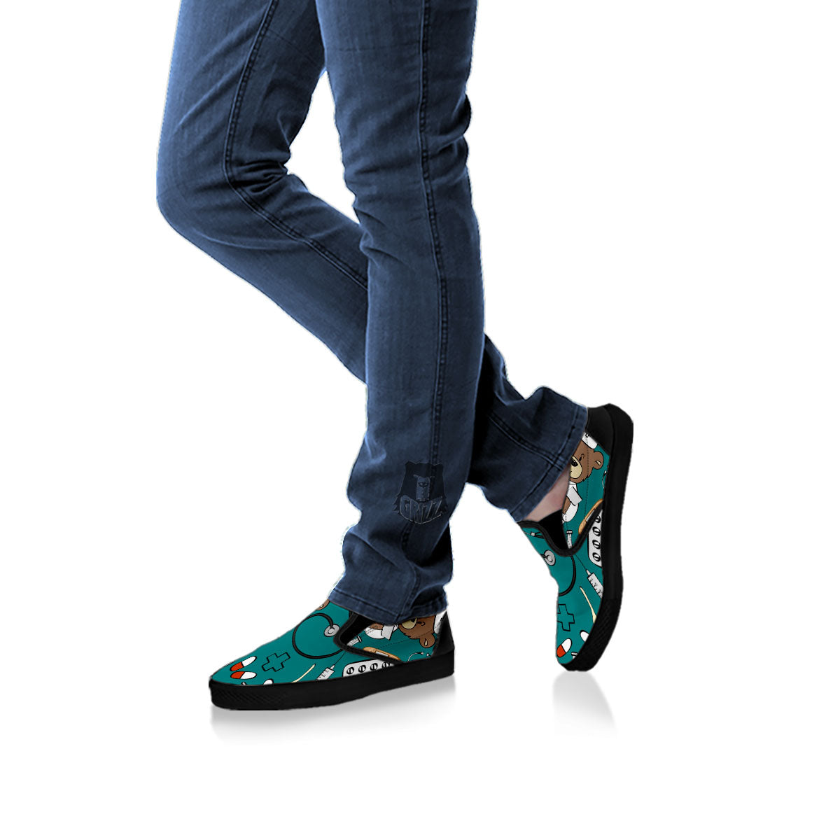 Teal Teddy Bear Nurse Black Slip On Shoes-grizzshop