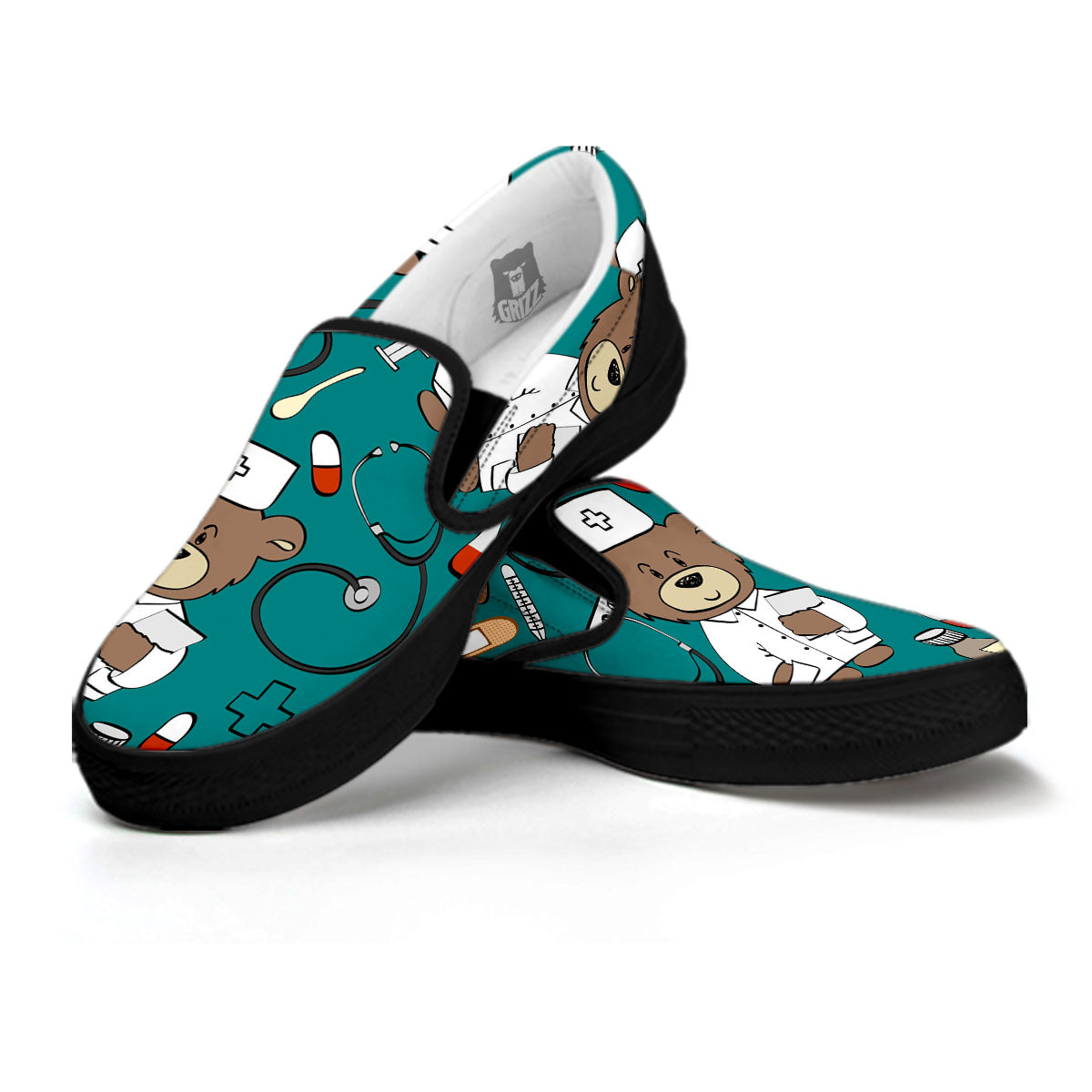 Teal Teddy Bear Nurse Black Slip On Shoes-grizzshop