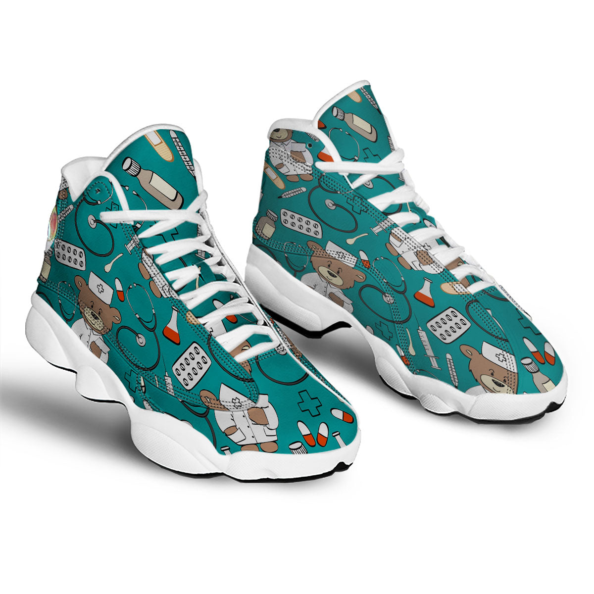 Teal Teddy Bear Nurse White Basketball Shoes-grizzshop