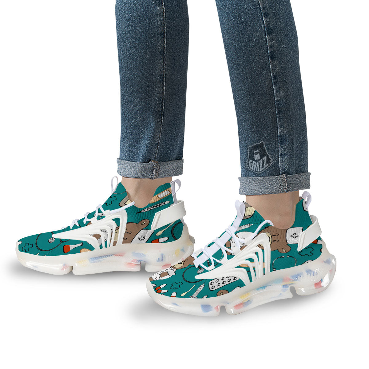 Teal Teddy Bear Nurse White Gym Shoes-grizzshop