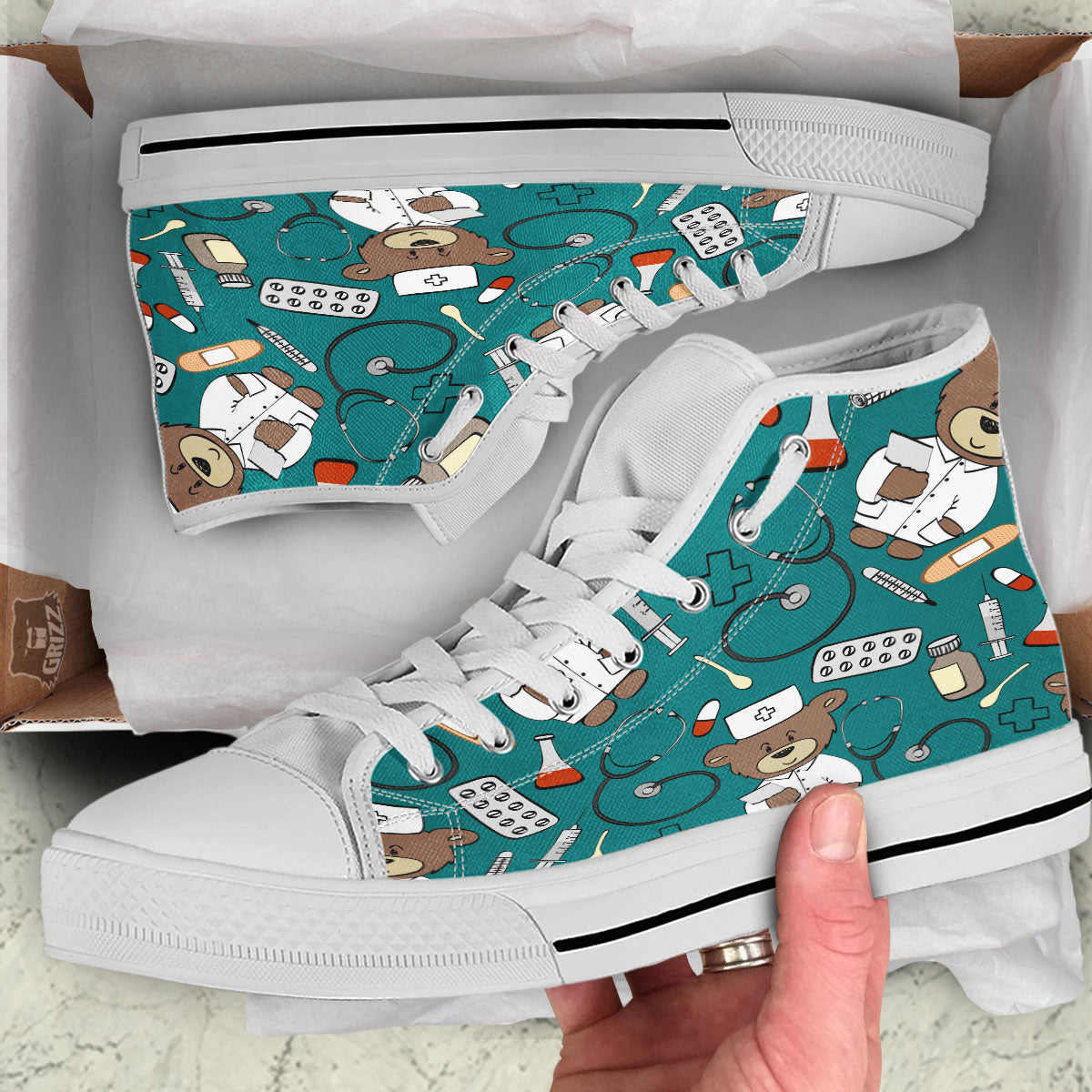 Teal Teddy Bear Nurse White High Top Shoes-grizzshop