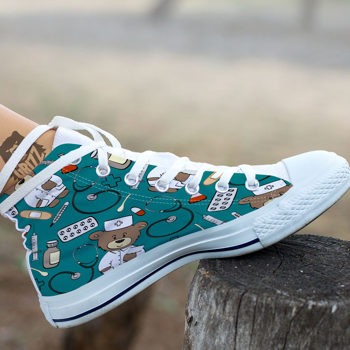 Teal Teddy Bear Nurse White High Top Shoes-grizzshop