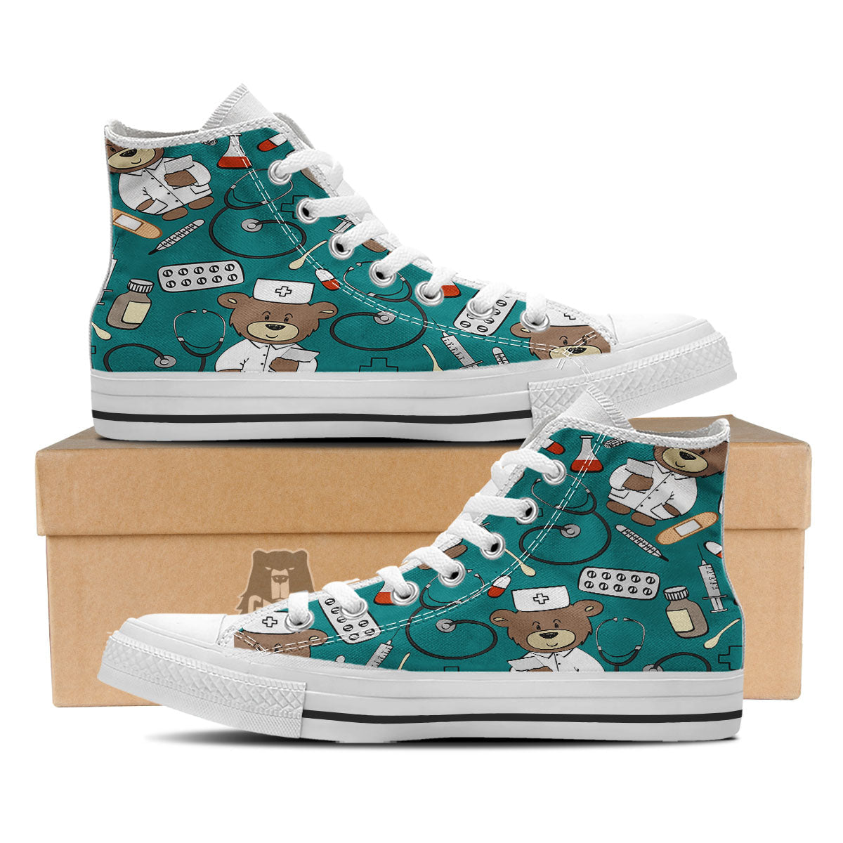 Teal Teddy Bear Nurse White High Top Shoes-grizzshop