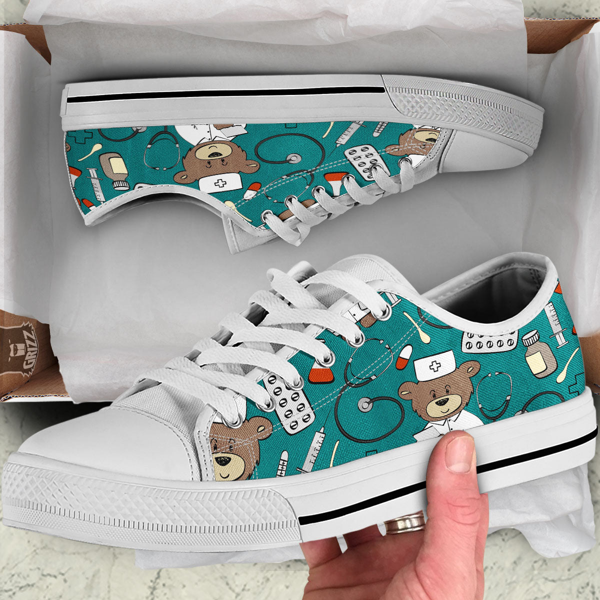 Teal Teddy Bear Nurse White Low Top Shoes-grizzshop