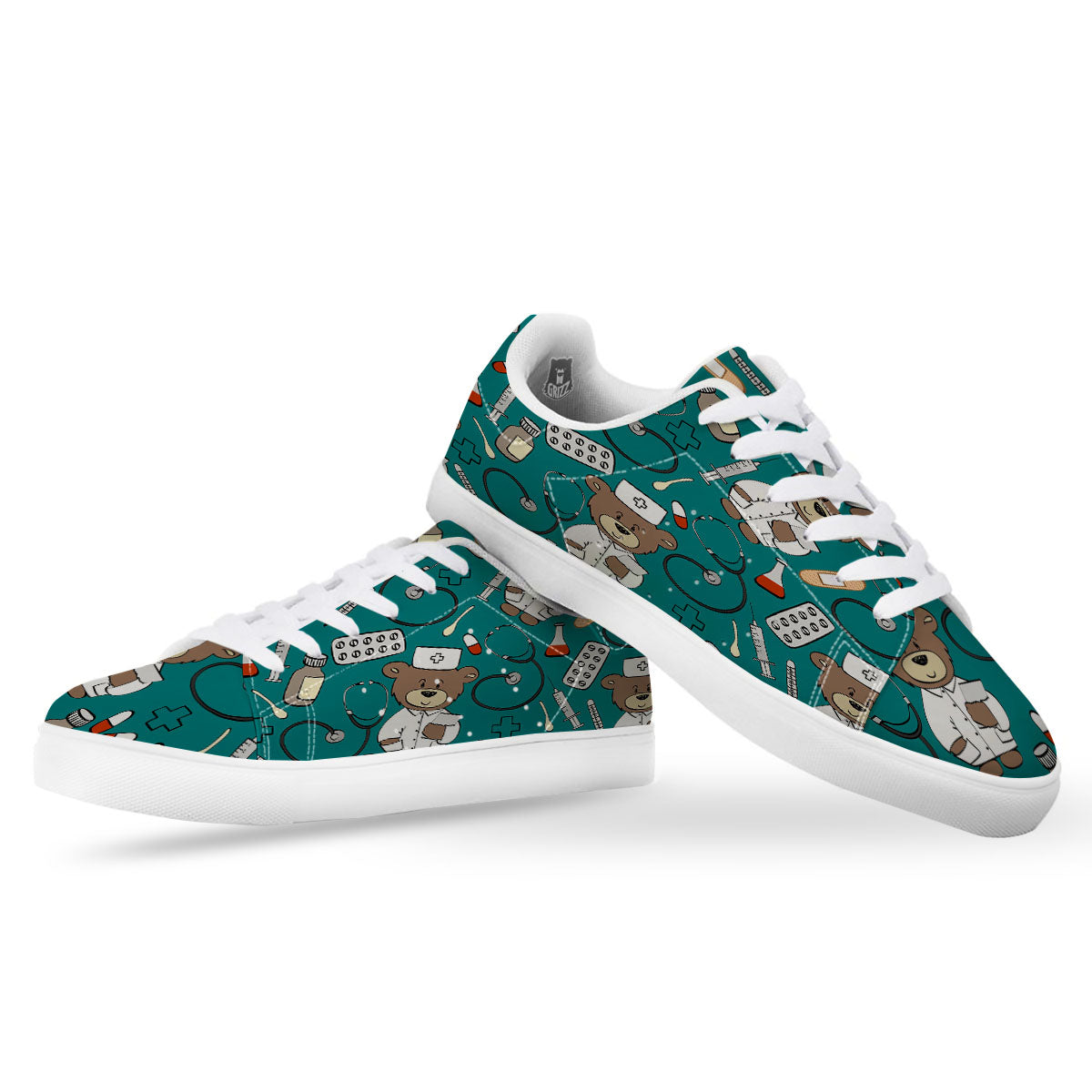 Teal Teddy Bear Nurse White Low Top Sneakers-grizzshop