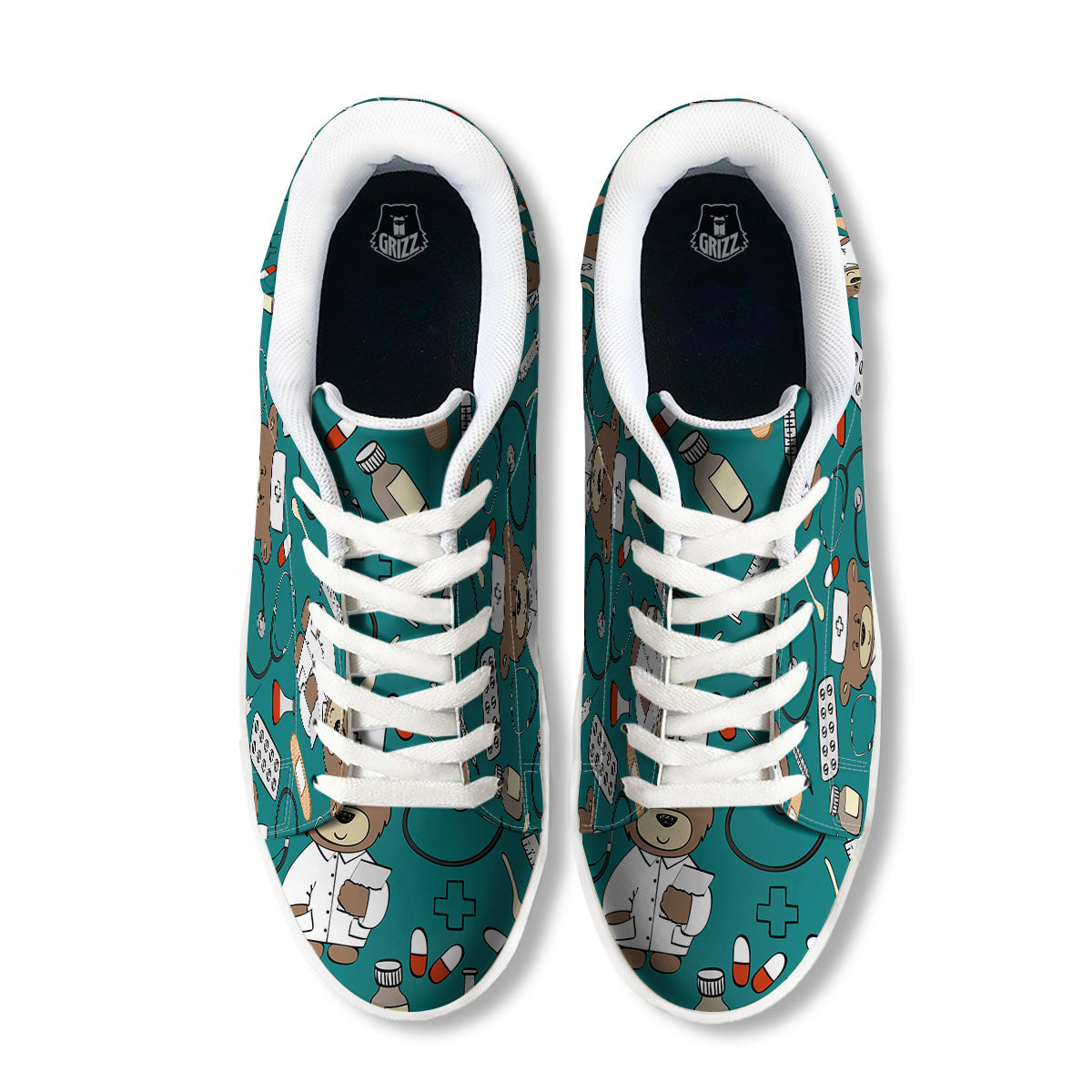 Teal Teddy Bear Nurse White Low Top Sneakers-grizzshop