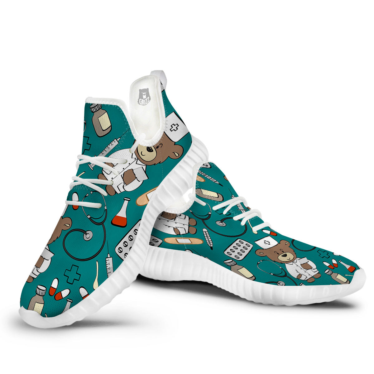 Teal Teddy Bear Nurse White Walking Shoes-grizzshop