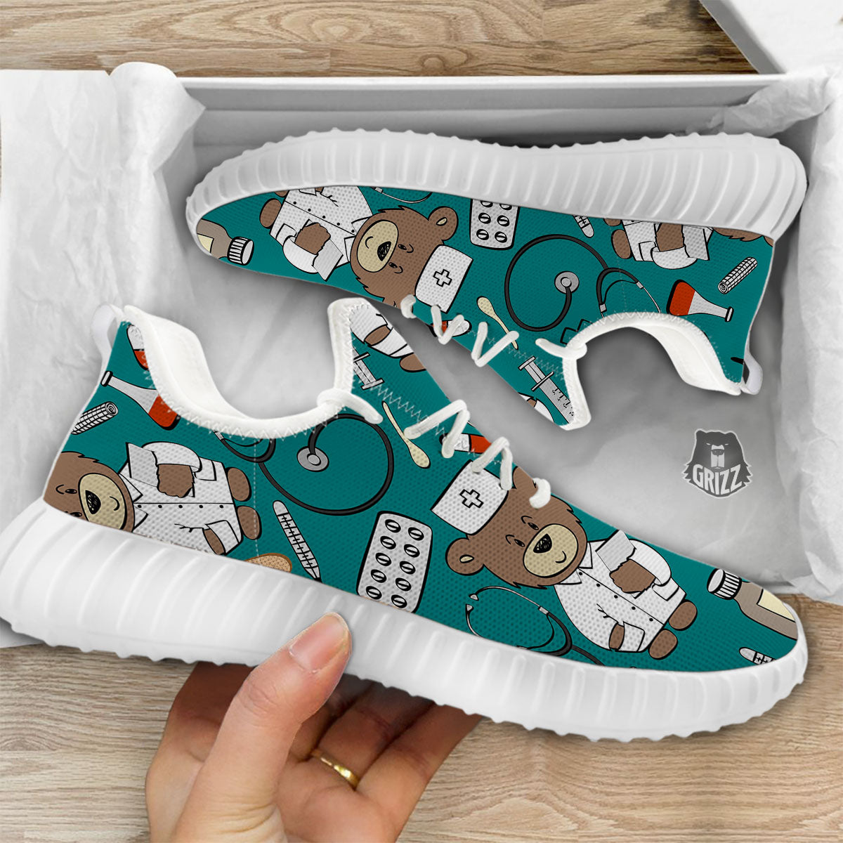 Teal Teddy Bear Nurse White Walking Shoes-grizzshop