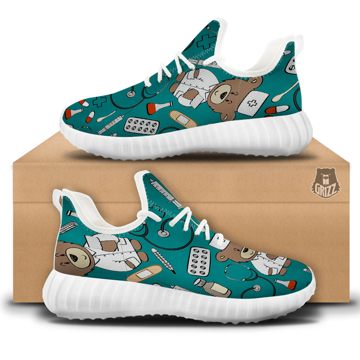 Teal Teddy Bear Nurse White Walking Shoes-grizzshop