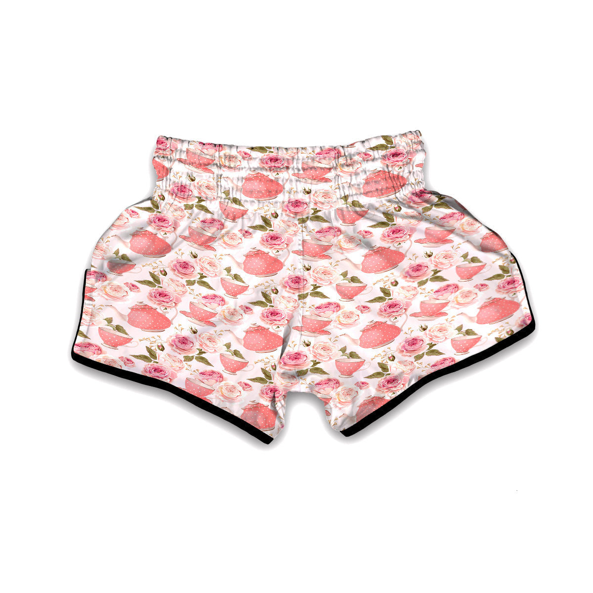 Teapot And Pink Rose Print Pattern Muay Thai Boxing Shorts-grizzshop