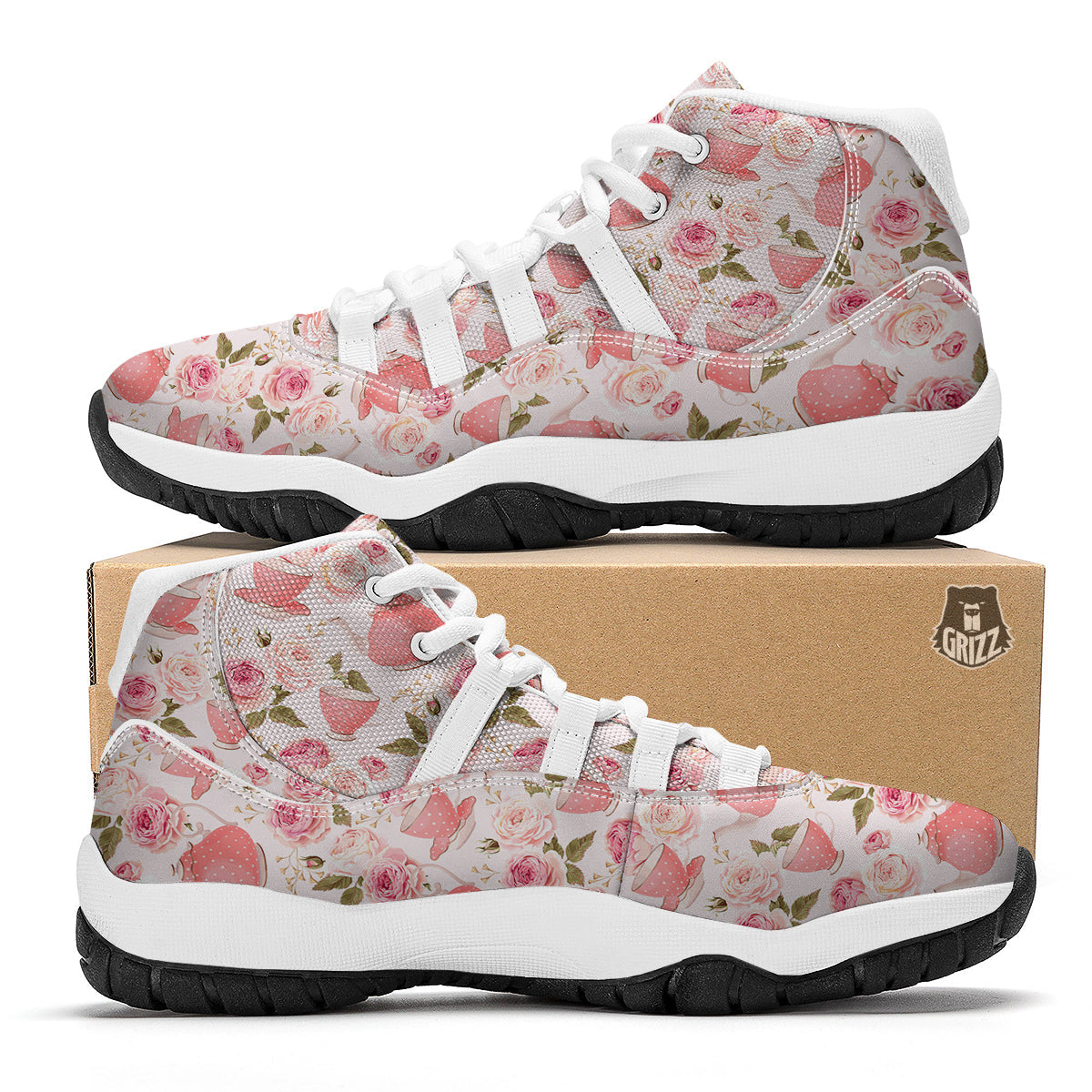 Teapot And Pink Rose Print Pattern White Bball Shoes-grizzshop