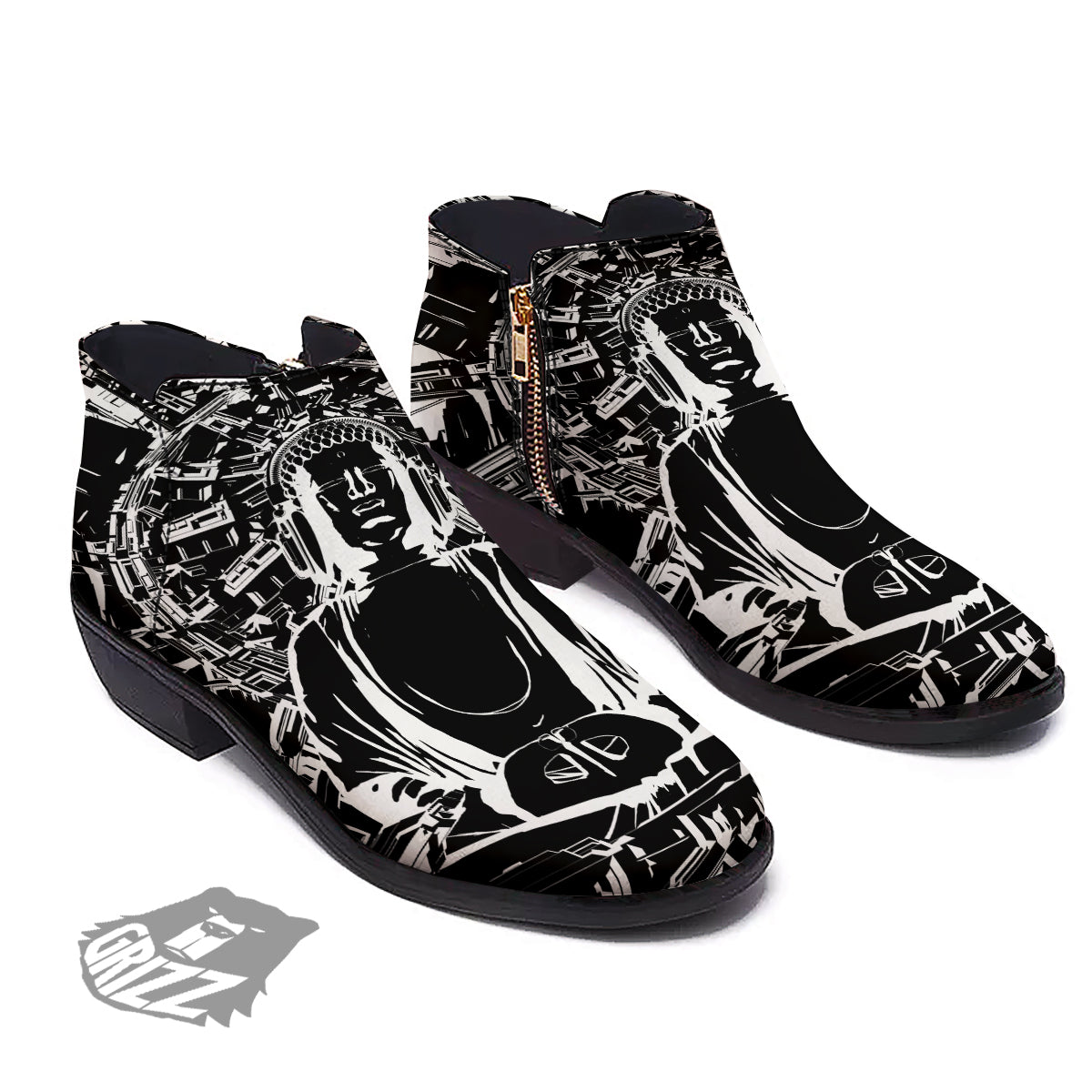 Technical Buddha Black And White Print Ankle Boots-grizzshop