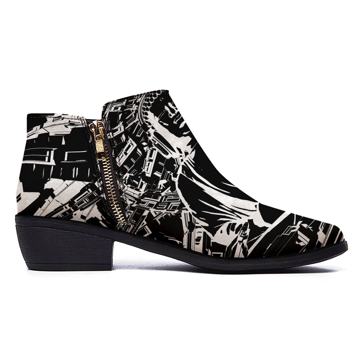 Technical Buddha Black And White Print Ankle Boots-grizzshop