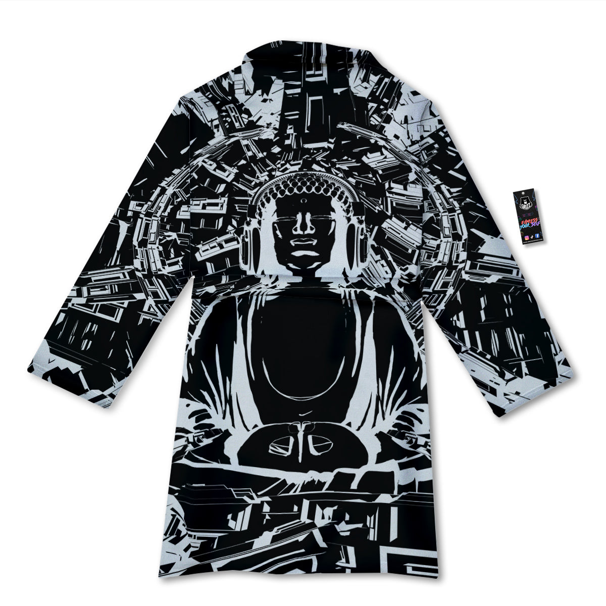 Technical Buddha Black And White Print Bathrobe-grizzshop