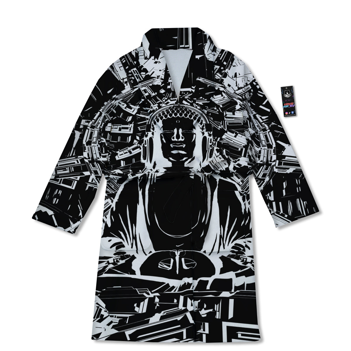 Technical Buddha Black And White Print Bathrobe-grizzshop