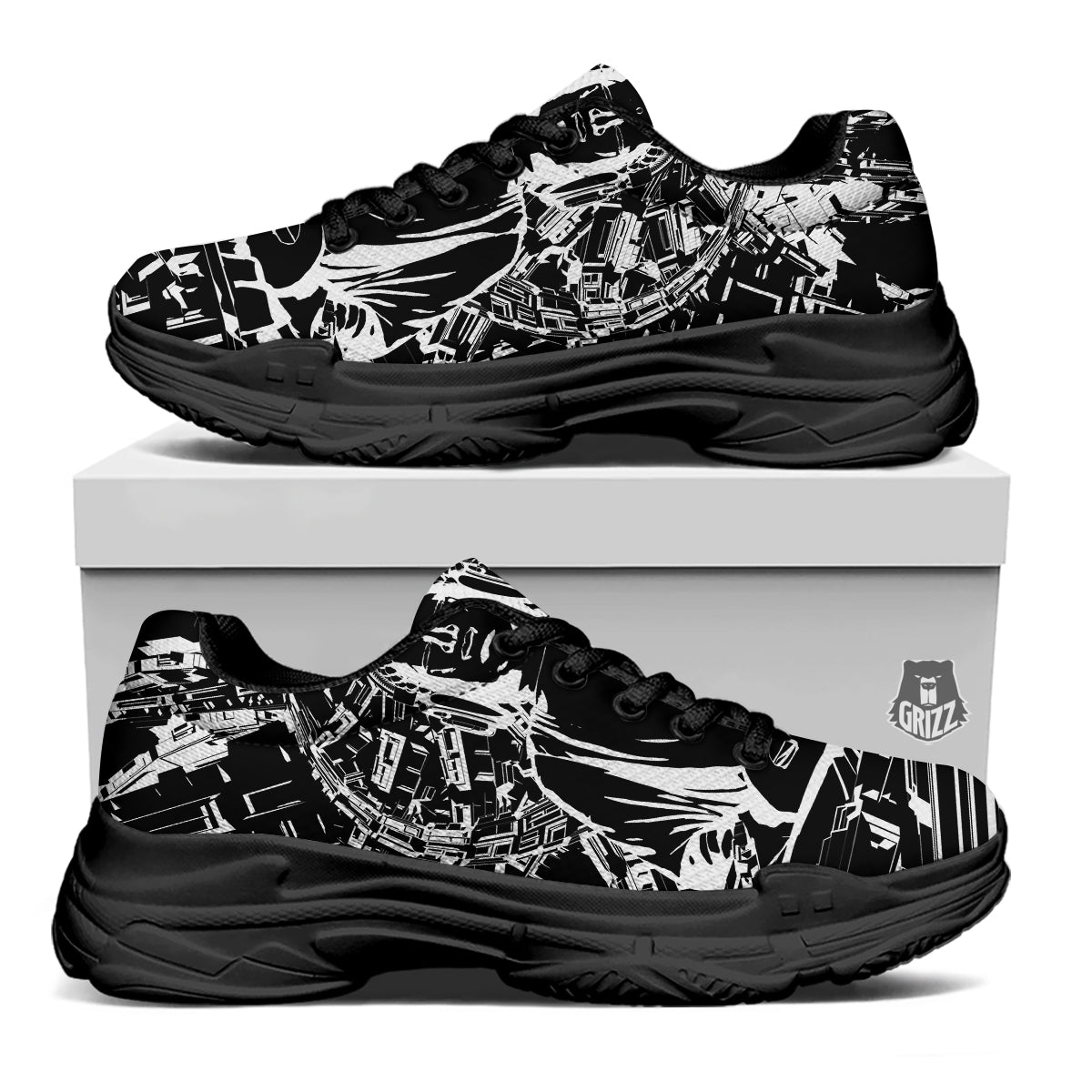Technical Buddha Black And White Print Black Chunky Shoes-grizzshop