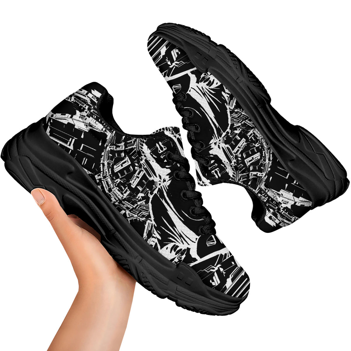 Technical Buddha Black And White Print Black Chunky Shoes-grizzshop