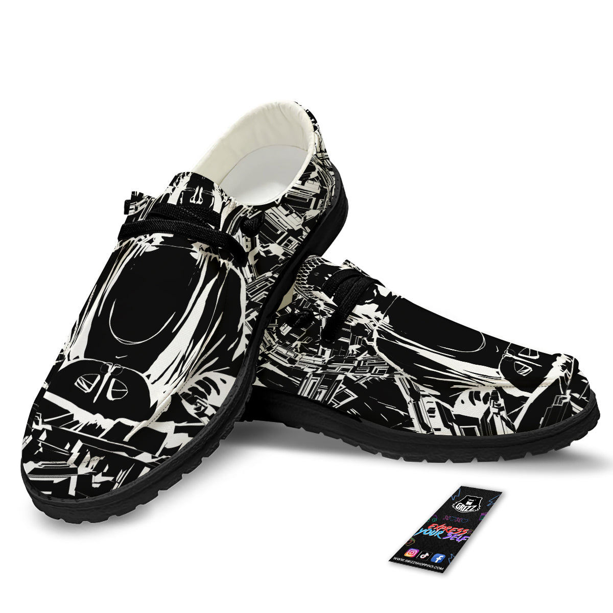 Technical Buddha Black And White Print Black Loafers-grizzshop