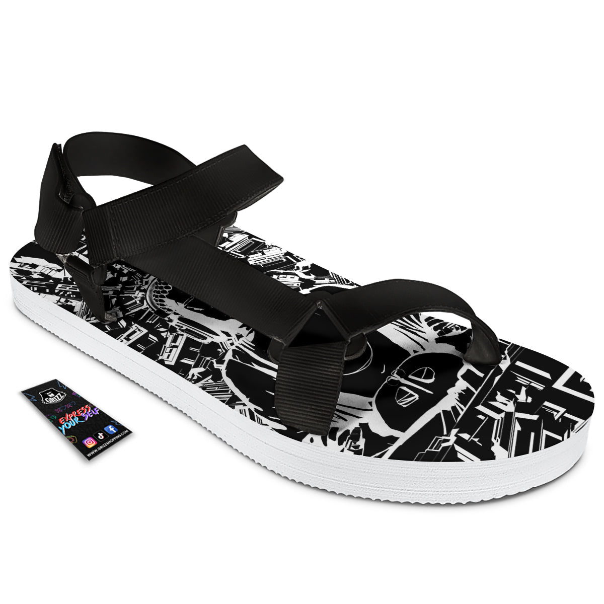 Technical Buddha Black And White Print Black Open Toe Sandals-grizzshop