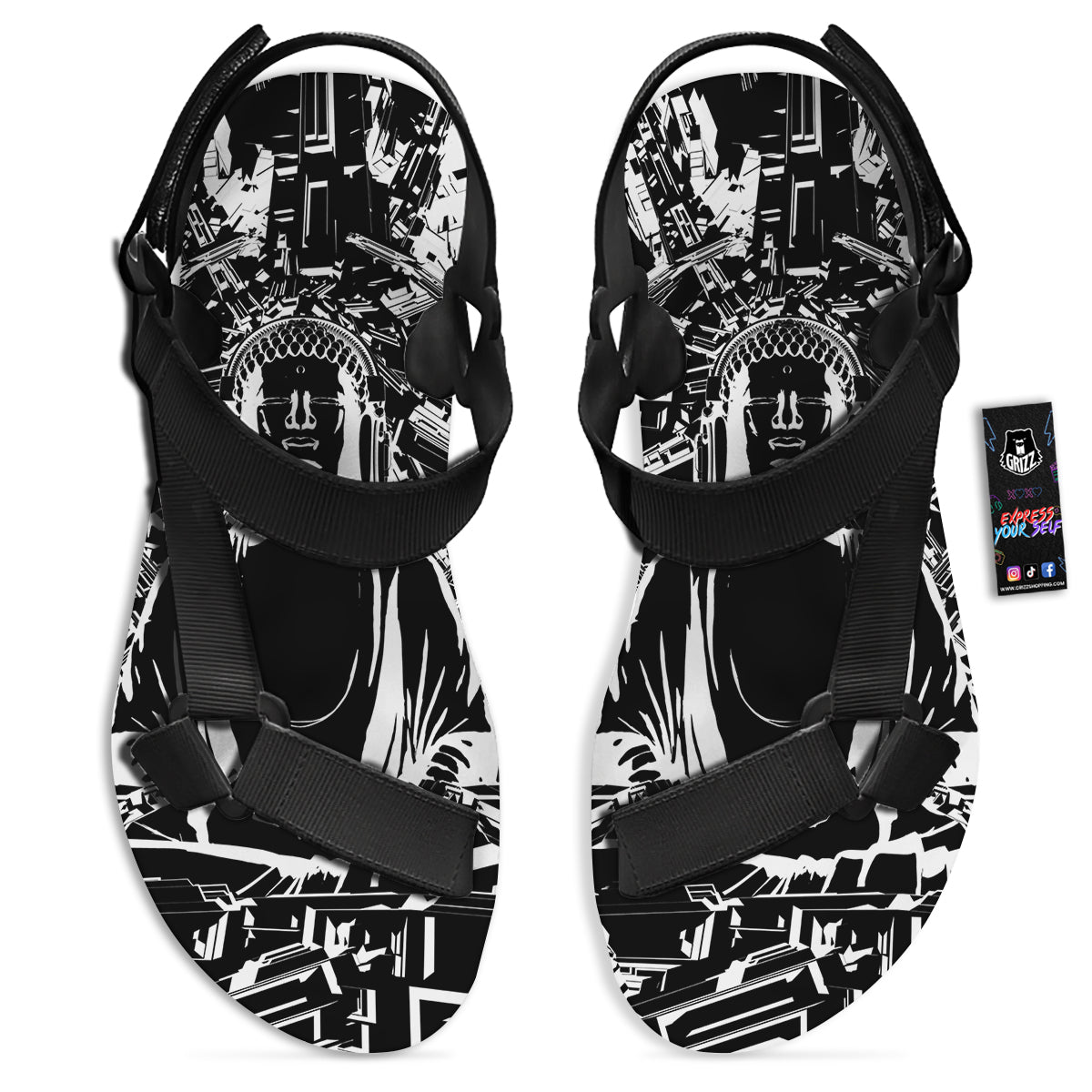 Technical Buddha Black And White Print Black Open Toe Sandals-grizzshop