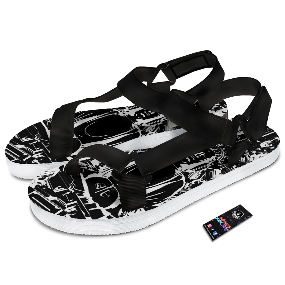 Technical Buddha Black And White Print Black Open Toe Sandals-grizzshop