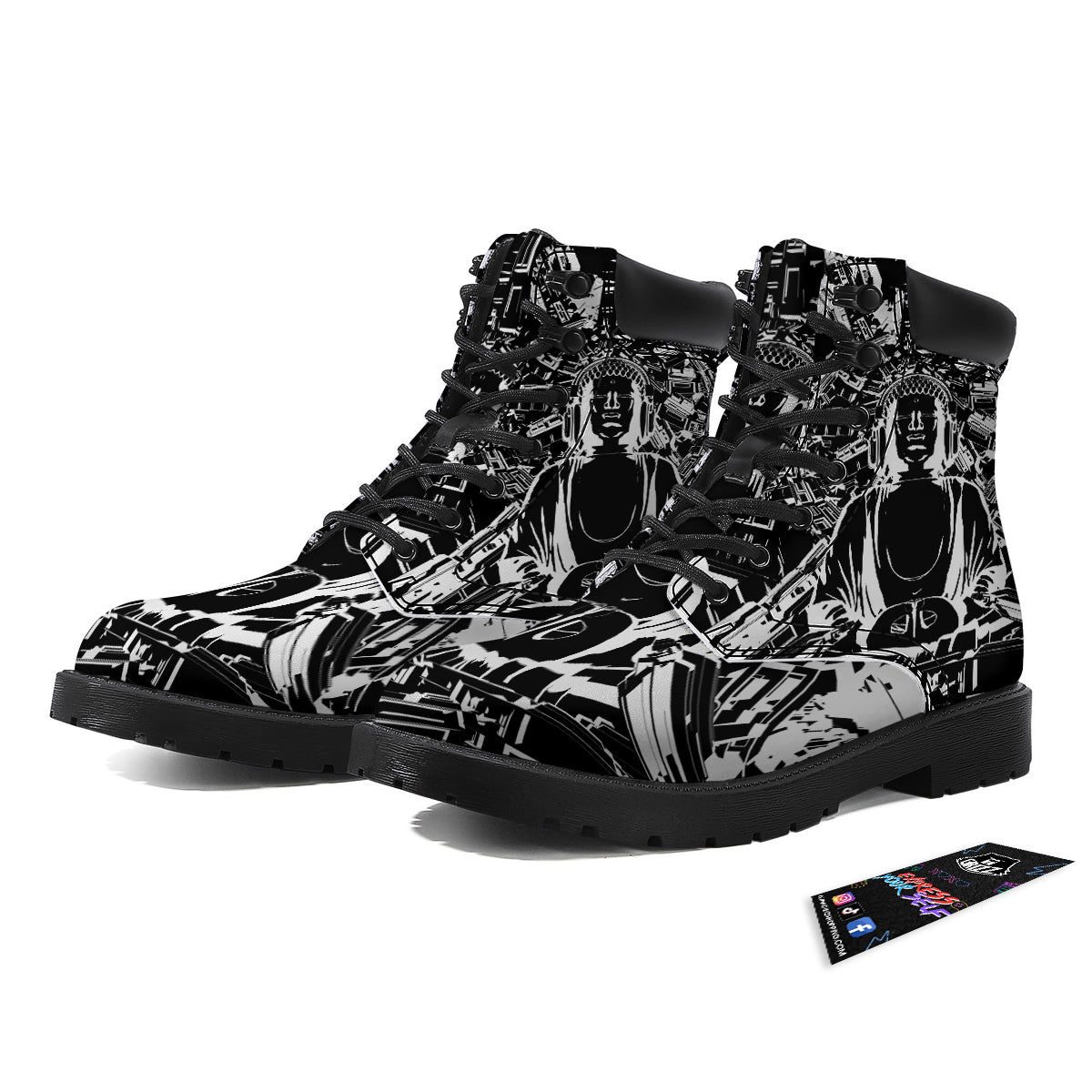Technical Buddha Black And White Print Boots-grizzshop