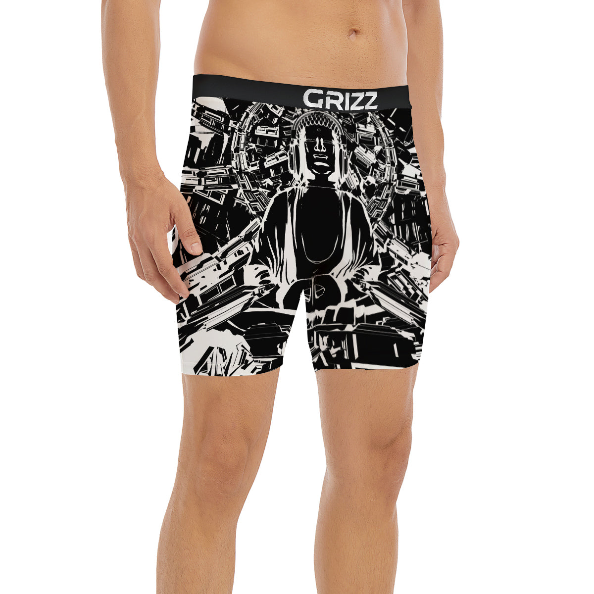 Technical Buddha Black And White Print Boxer Briefs-grizzshop