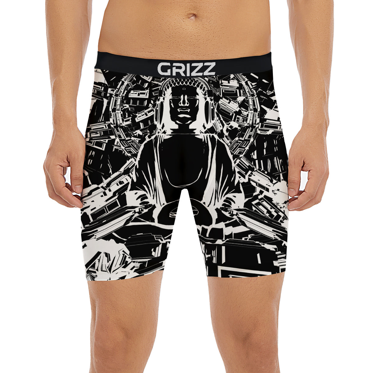 Technical Buddha Black And White Print Boxer Briefs-grizzshop