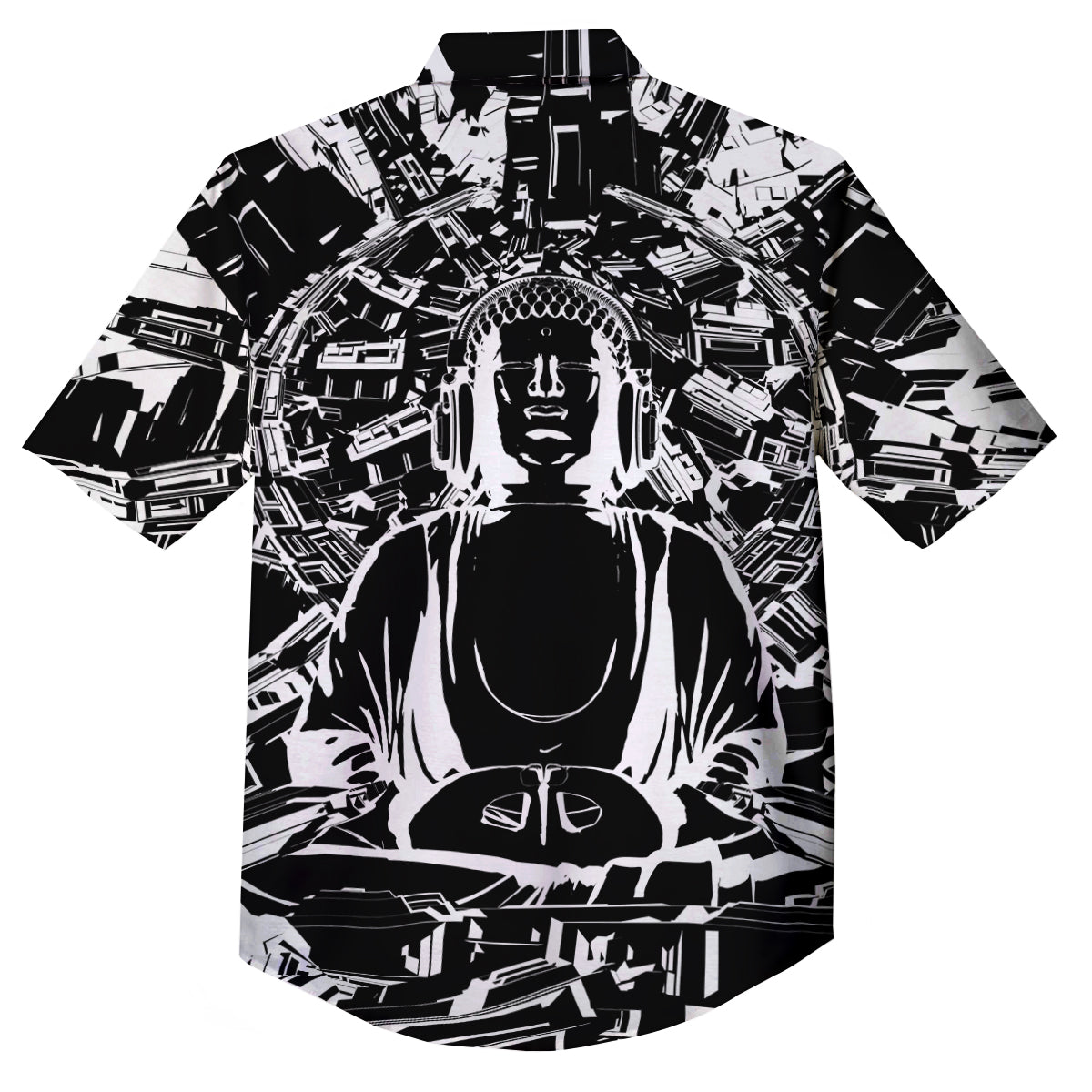 Technical Buddha Black And White Print Button Up Shirt-grizzshop