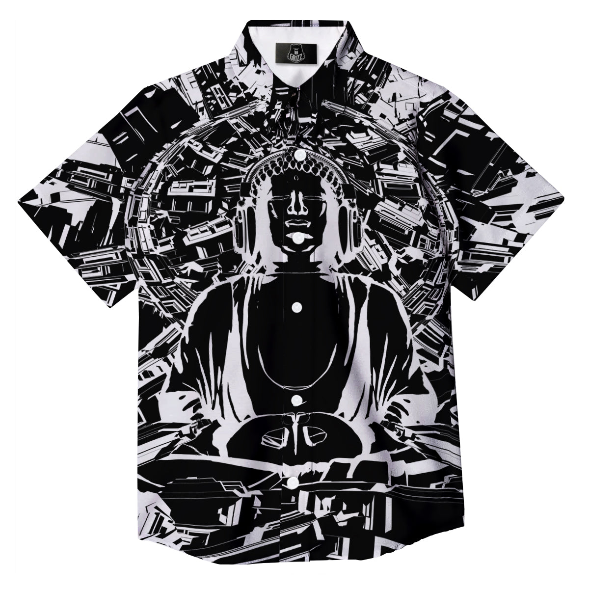Technical Buddha Black And White Print Button Up Shirt-grizzshop