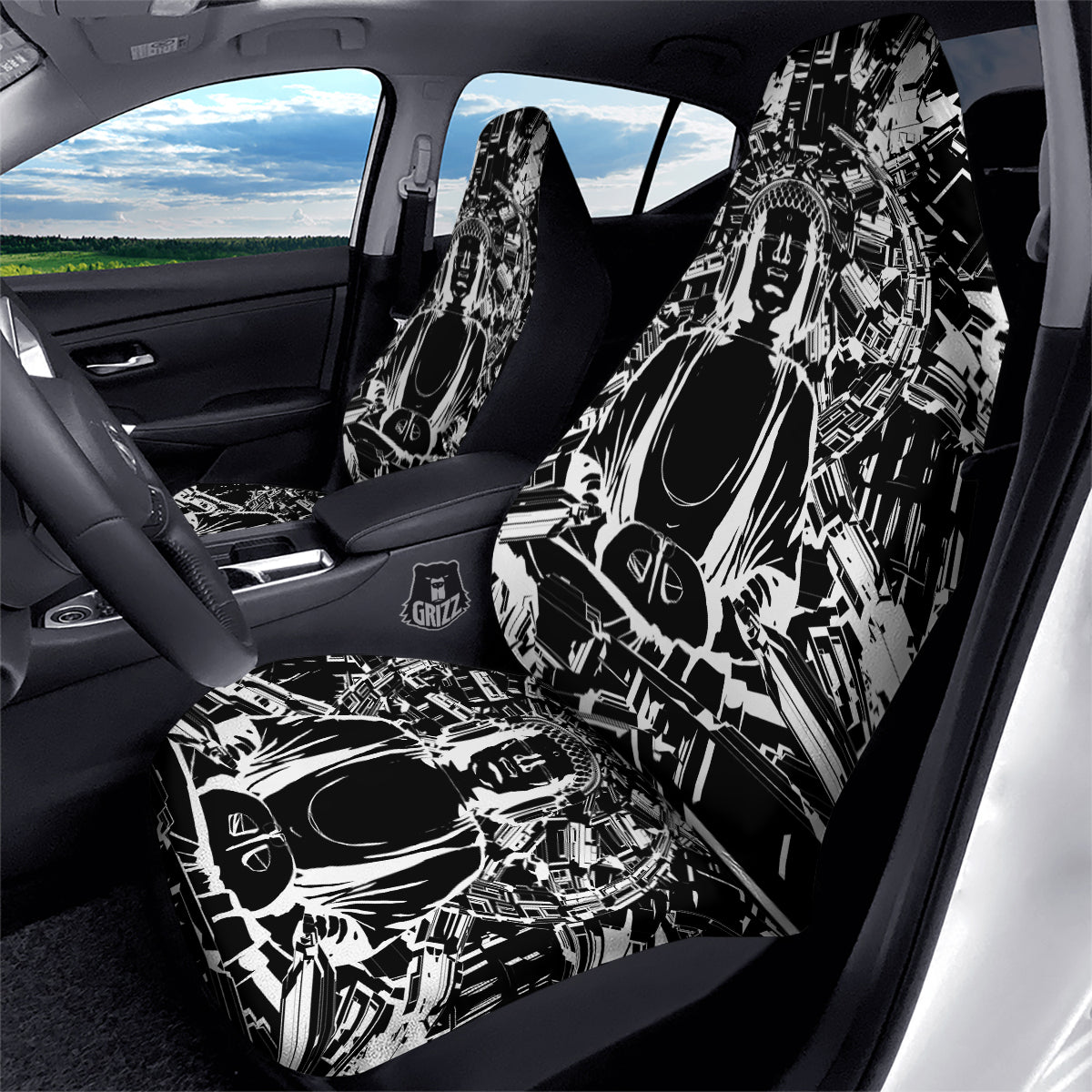 Technical Buddha Black And White Print Car Seat Covers-grizzshop