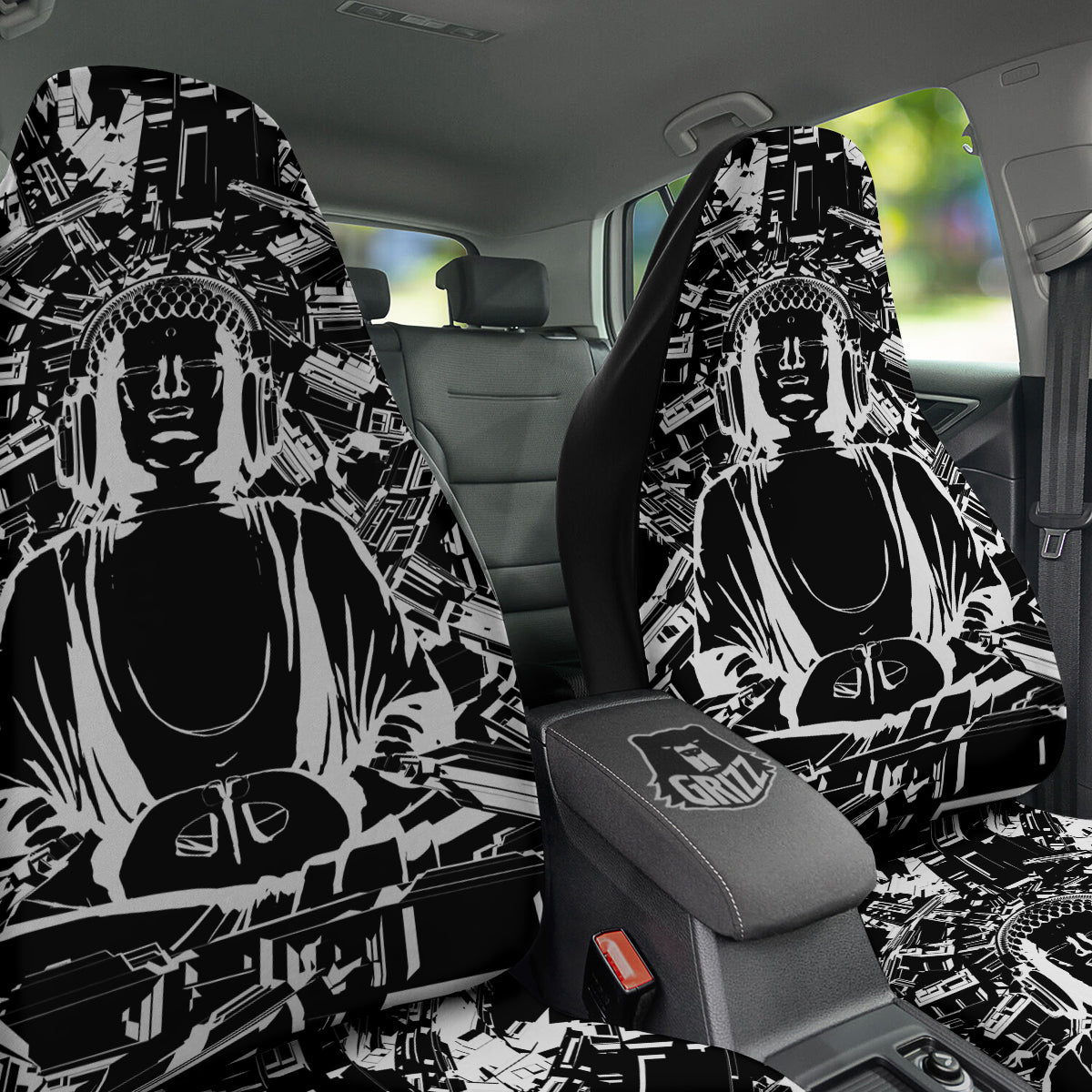 Technical Buddha Black And White Print Car Seat Covers-grizzshop