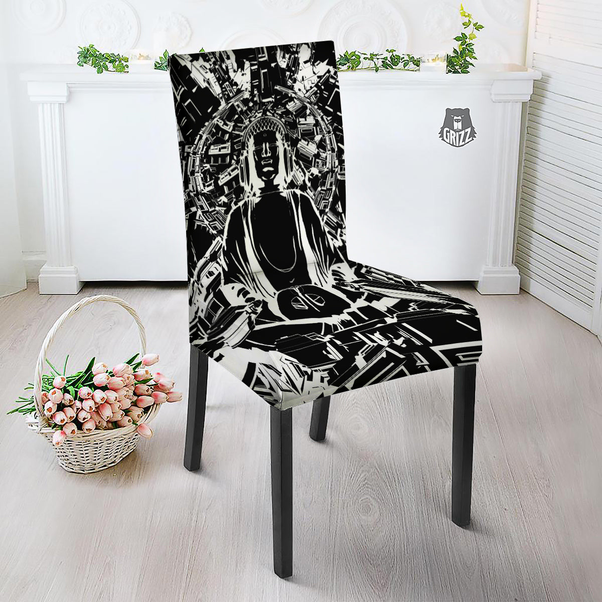 Technical Buddha Black And White Print Dining Chair Slipcover-grizzshop