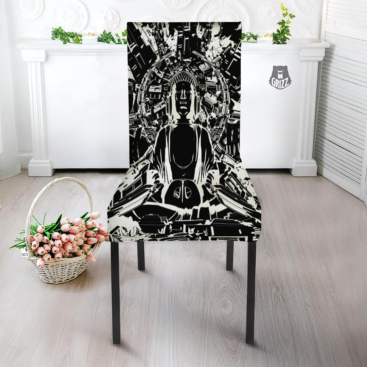 Technical Buddha Black And White Print Dining Chair Slipcover-grizzshop