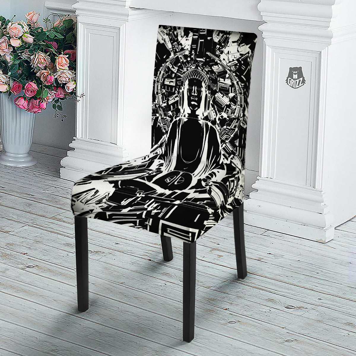 Technical Buddha Black And White Print Dining Chair Slipcover-grizzshop