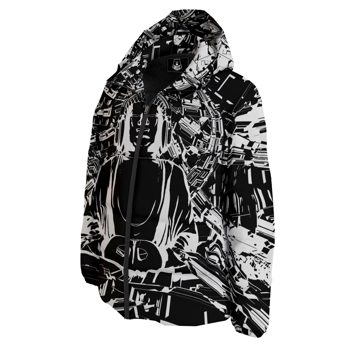 Technical Buddha Black And White Print Down Jacket-grizzshop