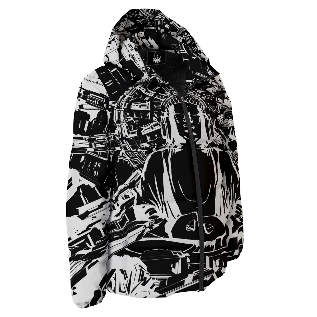 Technical Buddha Black And White Print Down Jacket-grizzshop