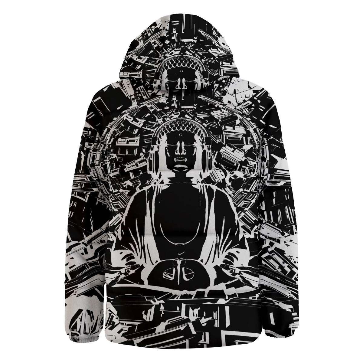 Technical Buddha Black And White Print Down Jacket-grizzshop