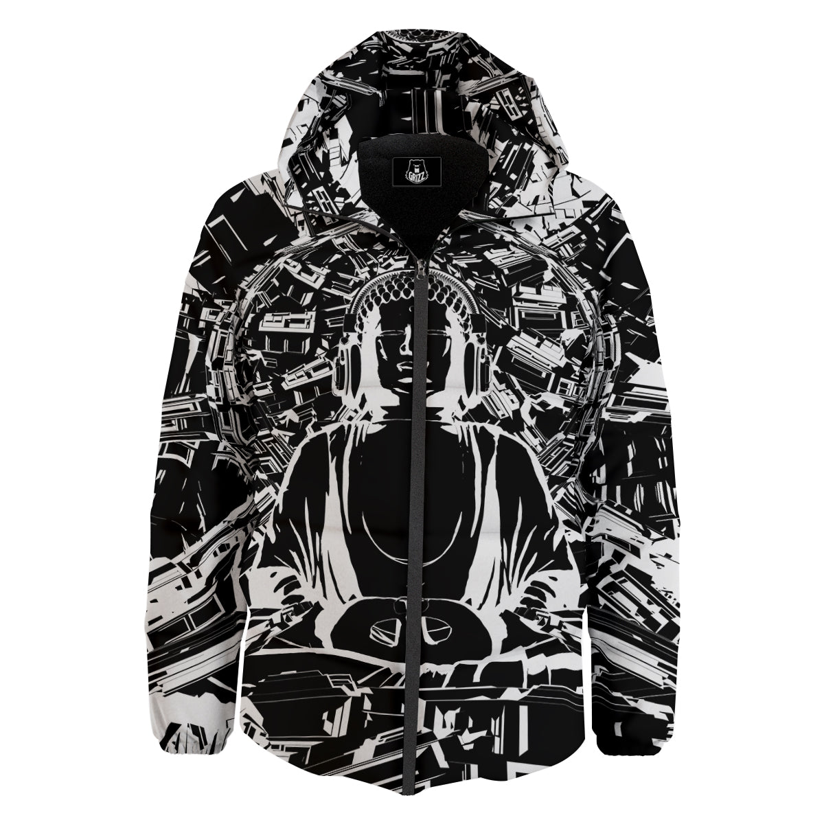 Technical Buddha Black And White Print Down Jacket-grizzshop