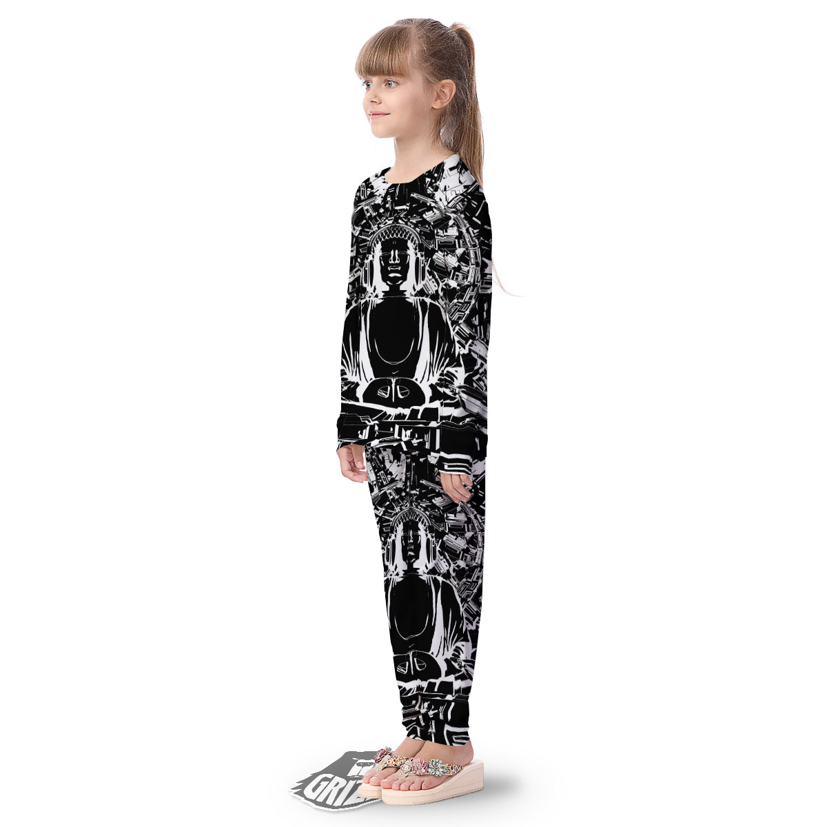 Technical Buddha Black And White Print Kid's Pajamas-grizzshop