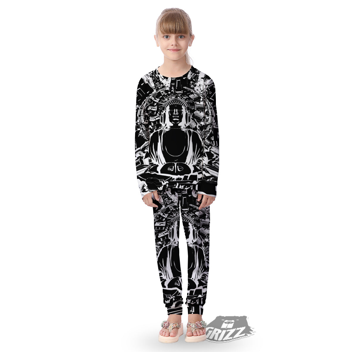 Technical Buddha Black And White Print Kid's Pajamas-grizzshop