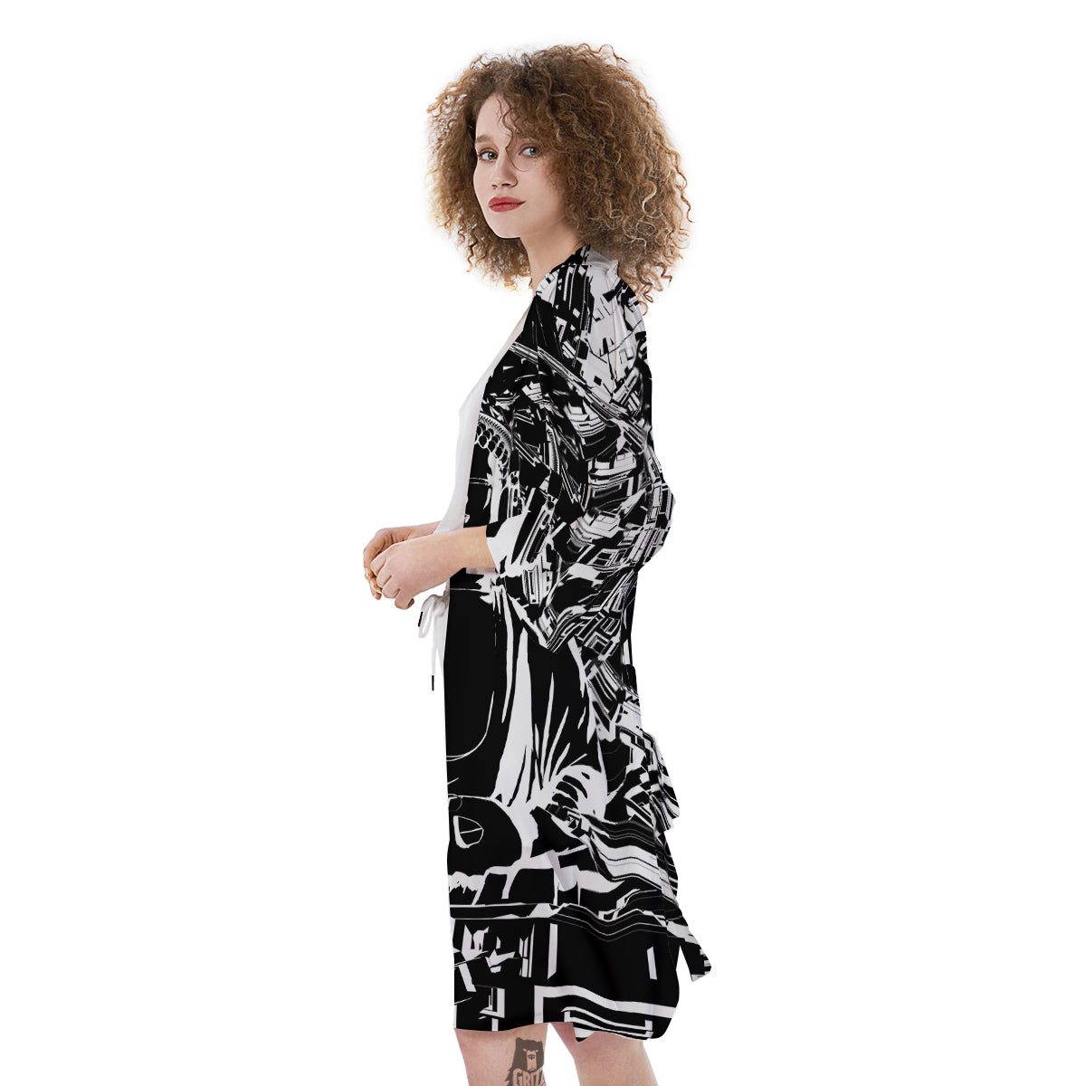 Technical Buddha Black And White Print Kimono-grizzshop